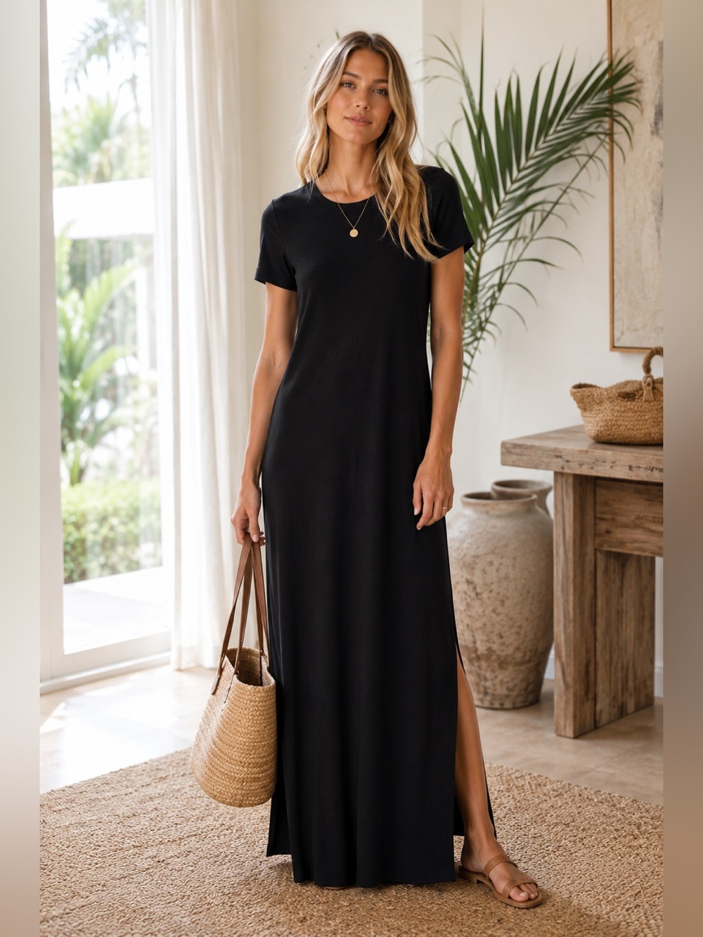 Ag Adriano Goldschmied Black Short-Sleeve Maxi Dress with Side Slit